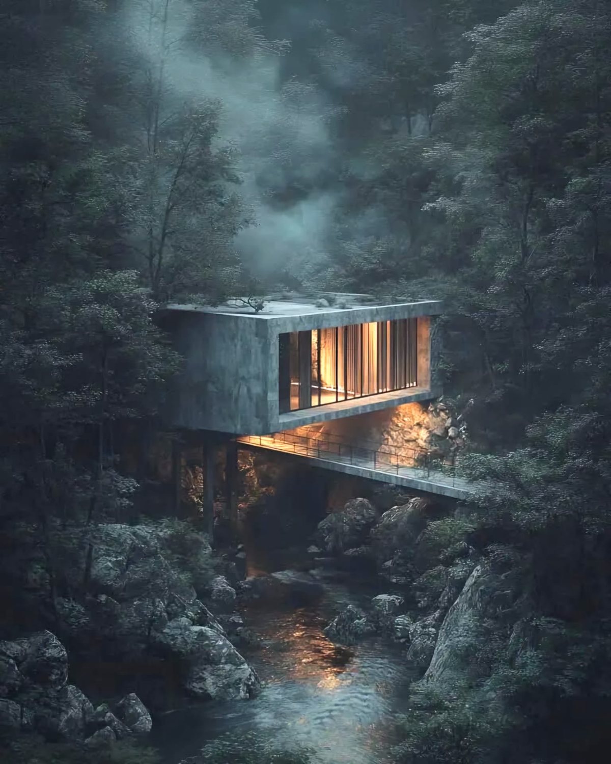 Concrete residence cantilevered above a forest stream