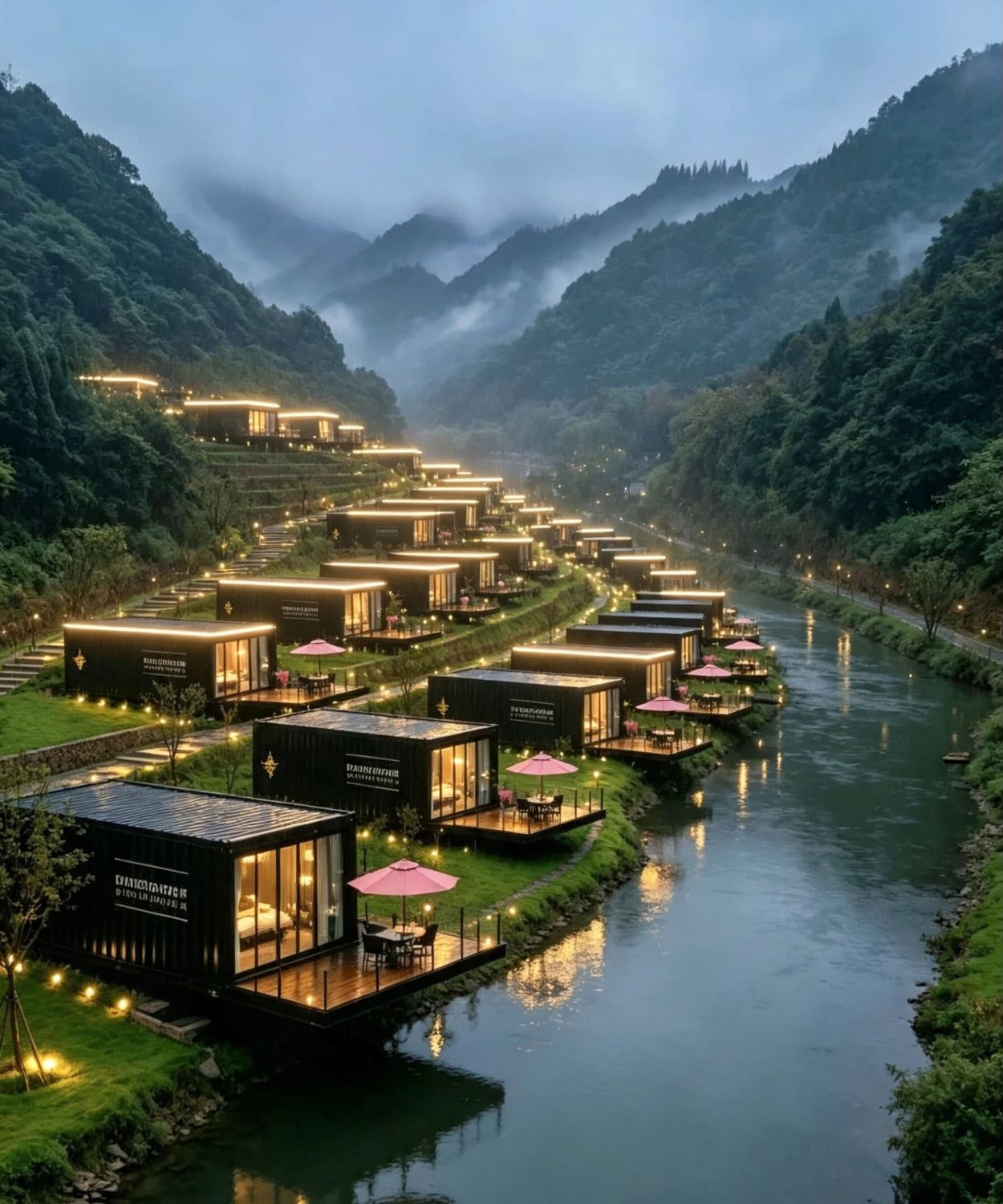 Riverside villas lit at dusk in a mountain valley