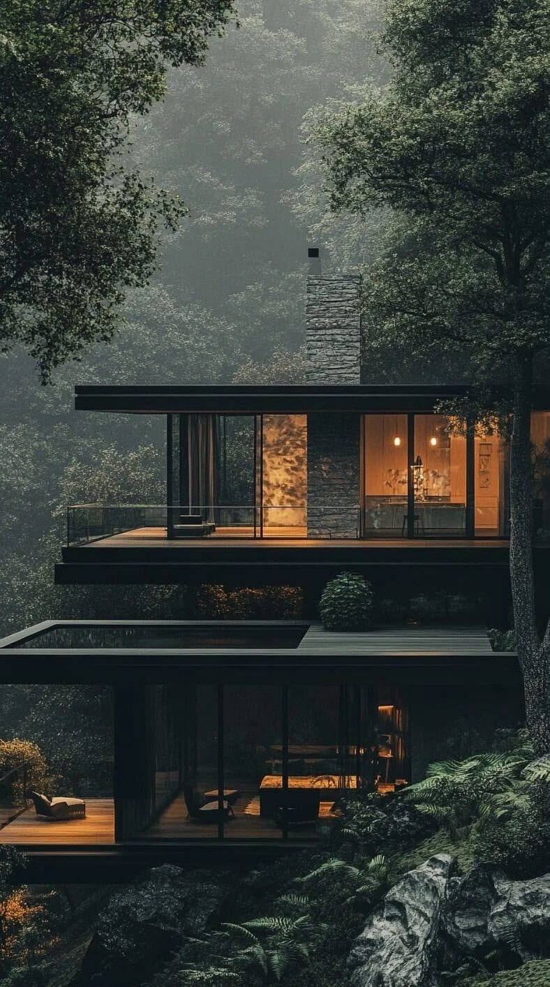 Glass and stone residence in a misty forest